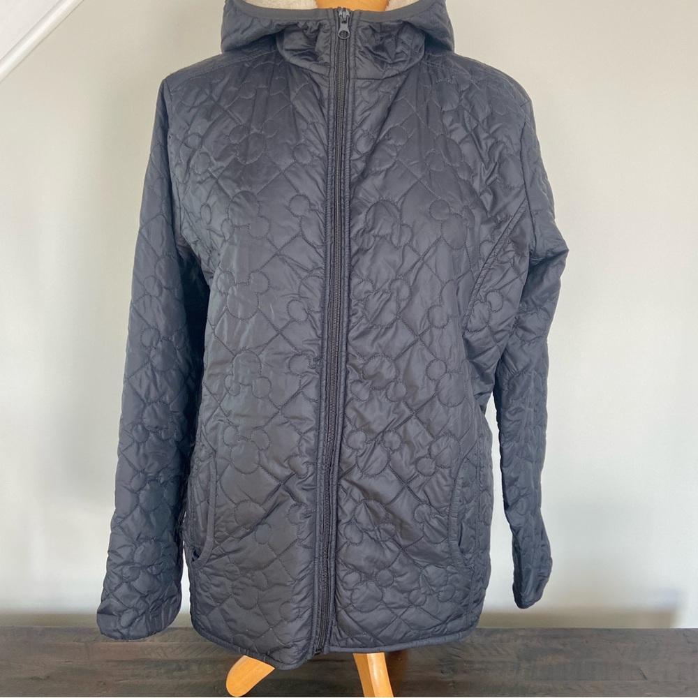 Disney Parks Mickey Mouse Black Quilted Puffer Jacket Hooded Sherpa Lined Large